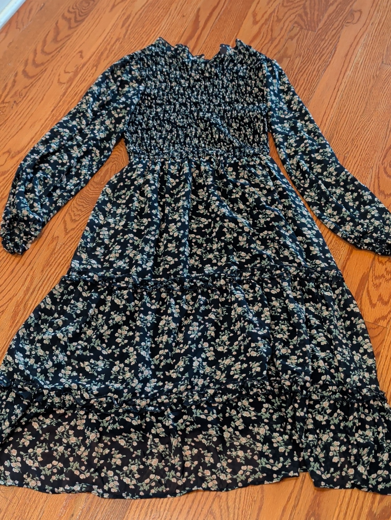 Navy Floral Long Sleeve Smocked Midi Dress
